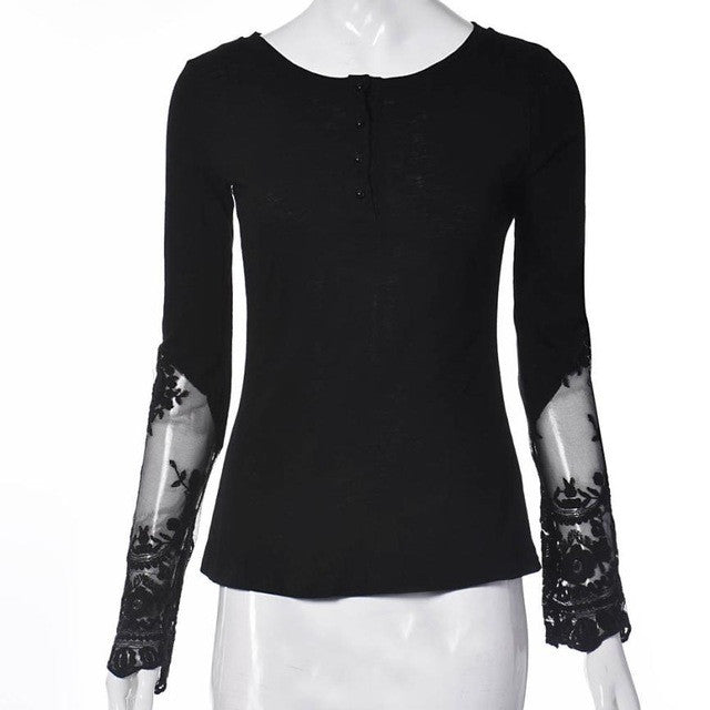 mokingtop Tshirt Women Patchwork Lace Long Sleeve Casual Tshirt Slim Sexy Backless Women Tee Tops Camisetas Manga Larga Mujer#12